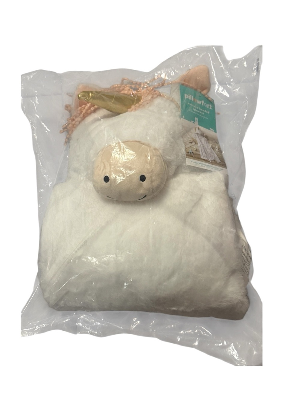 Pillowfort White Plush Unicorn Hooded Bath Wrap with Gold Horn and Pink Mane
